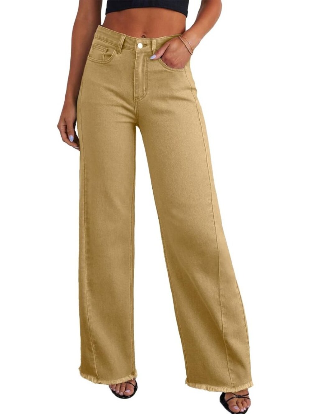 Women's Khaki Cotton Blend High Waisted Stretchy Trendy Denim Wide Leg Pant